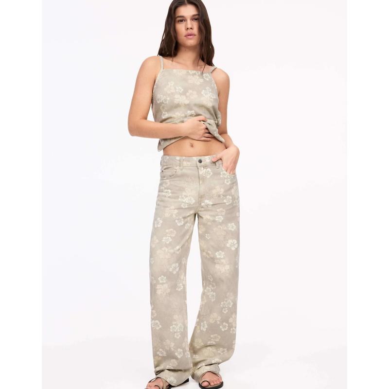 Pullbear 女士 长裤 印花阔腿牛仔裤(米黄色)