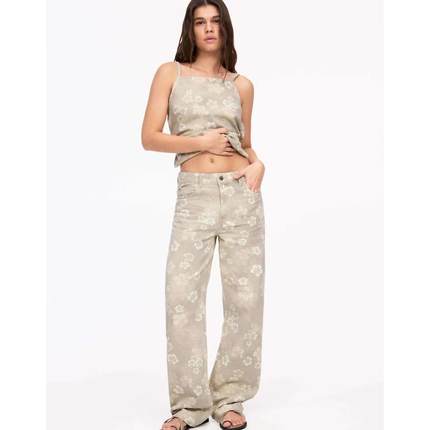 Pullbear 女士 长裤 印花阔腿牛仔裤(米黄色)