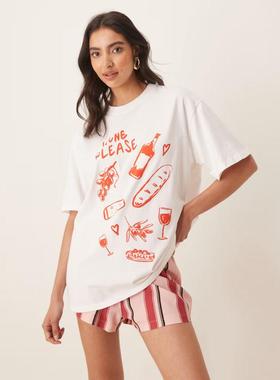 ASOS DESIGN 女士 T恤 设计宽松款酒红色印花T恤(白色)