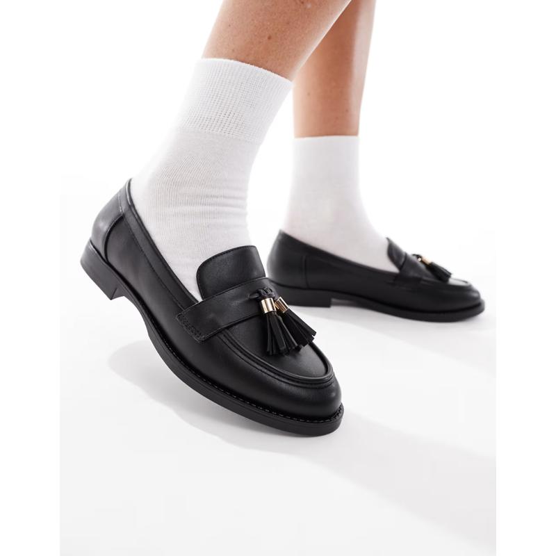 London Rebel 女士 乐福鞋 Amelia 宽版流苏乐福鞋(黑色)