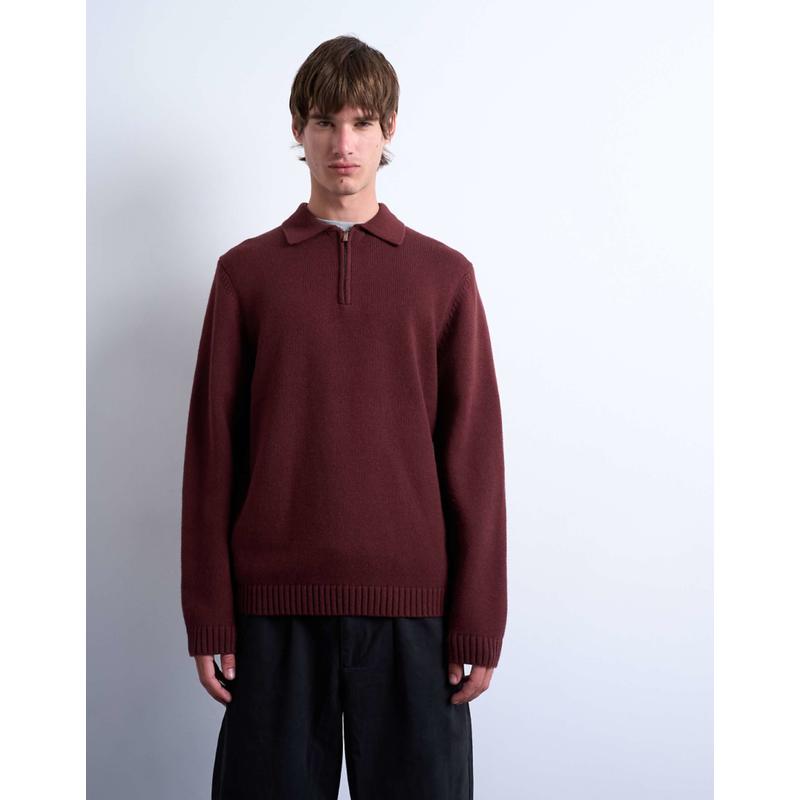 Topman 男士 POLO衫 合体款针织拉链深色红色Polo衫