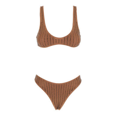 Venuja 女士 比基尼 Embellishments 棕色铆钉高科技布织弹力