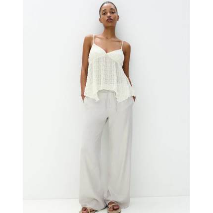 Pullbear 女士 长裤 up 打结领束腰磨破下摆阔腿裤(灰色)