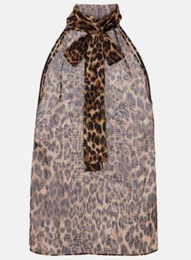 Nili Lotan 女士 背心 Alla 打结领豹纹真丝上衣