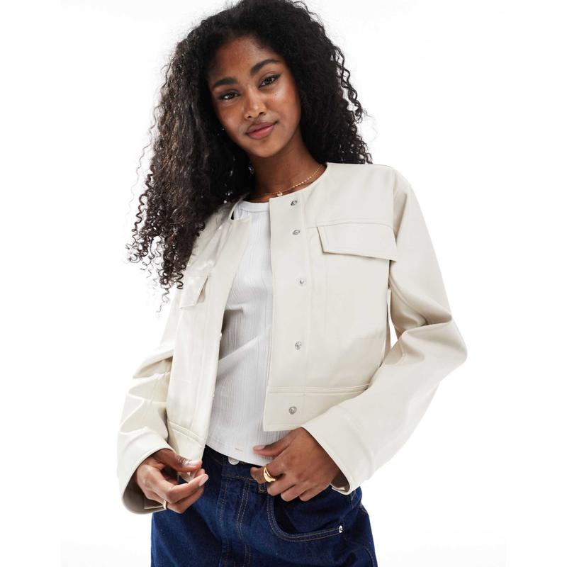 ASOS DESIGN 女士 夹克 设计短款无领皮革效果夹克(奶油色)