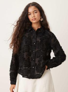 JACQUELINE de YONG 女士 衬衫 JDY 半透视花朵睫毛形边(黑色)