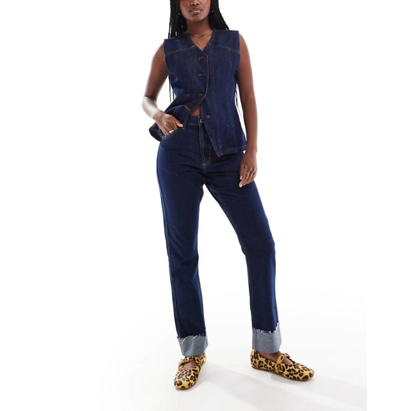 ASOS DESIGN 女士 牛仔长裤 turn up 设计中腰直筒漂染水洗牛仔裤