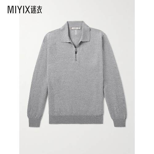 Canali康纳利 男款Jacquard-Knitted 篮织羊毛半拉链Polo衫 迷衣