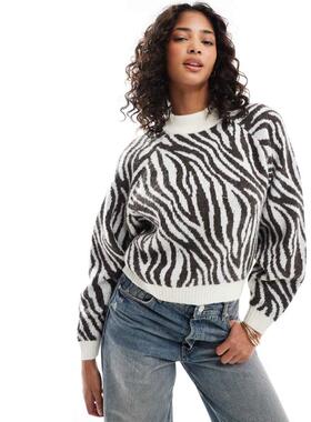 Threadbare 女士 毛衣 磨绒高领针织斑马纹印花套头衫