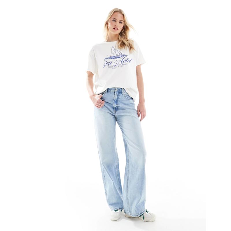 Stradivarius 女士 牛仔长裤 D88 长筒宽松中长蓝色水洗牛仔裤