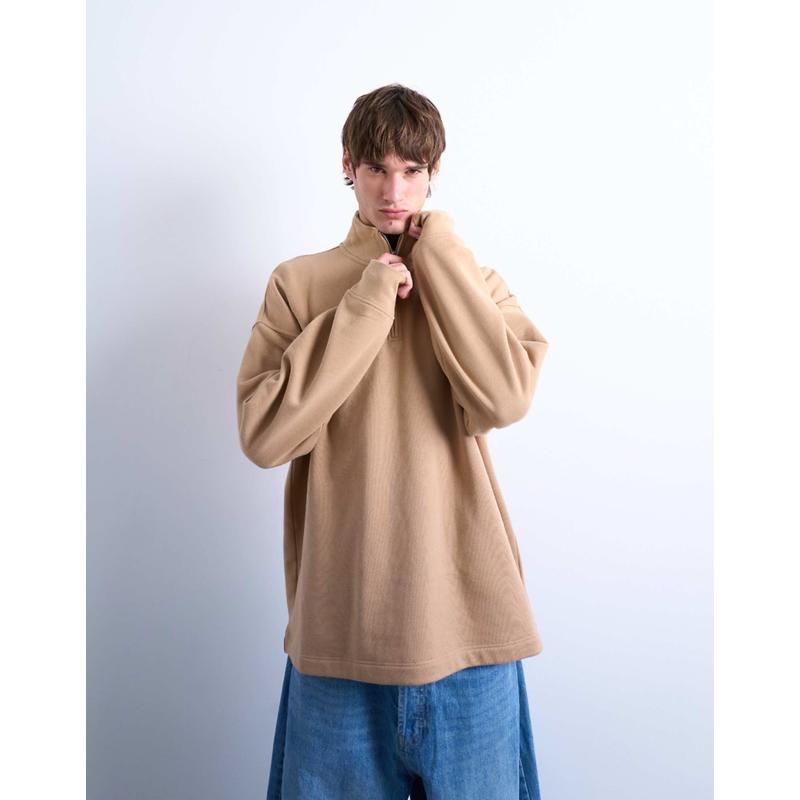 Topman 男士 卫衣 重身宽松款合身1/4拉链深色石头色卫衣