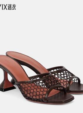 Amina Muaddi 女款Lupita 皮革边拉菲草编织凉拖 迷衣时尚