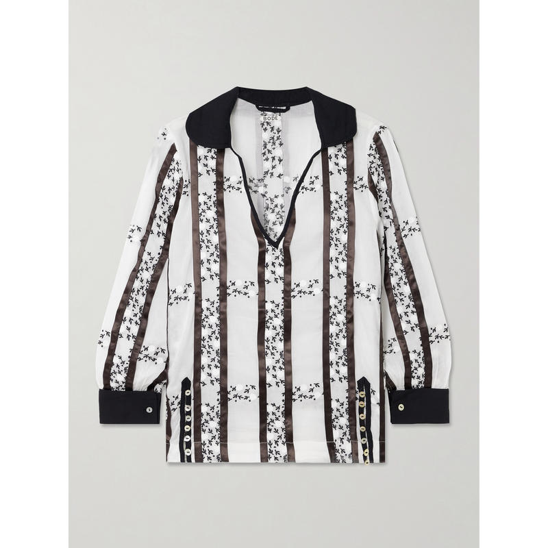 Bode 女士 上衣 Sprig 晶格刺绣纽扣装饰绸缎边棉质衫