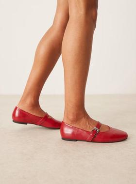 ASOS DESIGN 女士 芭蕾鞋 Leah 设计宽版玛丽珍樱桃红色芭蕾舞鞋