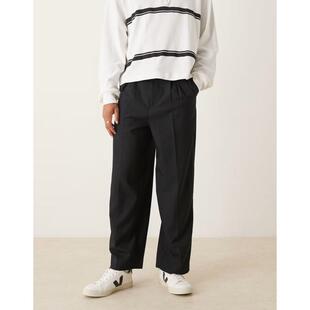 ASOS DESIGN 男士 长裤 smart 设计阔腿束带前起皱裤子(黑色)