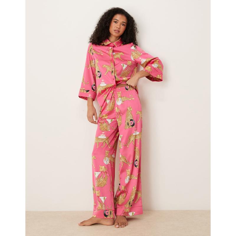 Chelsea Peers 女士 睡衣 revere 缎面蝙蝠袖迪斯科豹纹睡衣套装