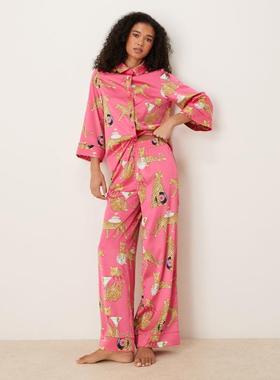 Chelsea Peers 女士 睡衣 revere 缎面蝙蝠袖迪斯科豹纹睡衣套装