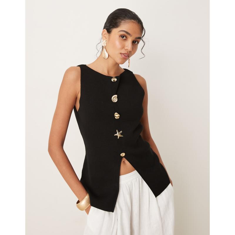 ASOS DESIGN 女士 马甲 设计针织一字领多系扣夹克(黑色)