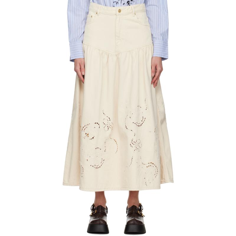 Ganni 女士 超长裙 灰白色 Broderie Anglaise Denim 半身裙