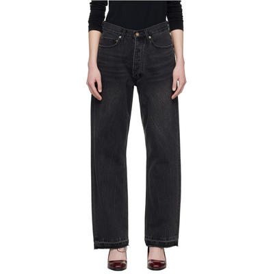 TONYWACK 女士 牛仔长裤 黑色 Frayed Hem Loose Straight 牛仔裤