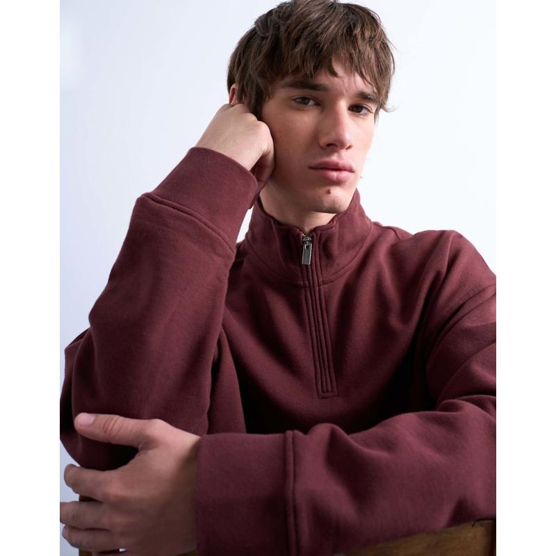 Topman 男士 卫衣 重身宽松款合身1/4拉链棕色卫衣