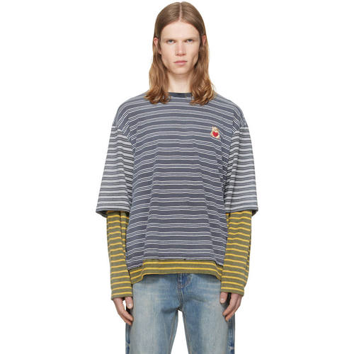 We11Done 男士 T恤 灰色 Contrast Striped Layered