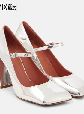 Amina Muaddi 女款Charlotte 95 皮质玛丽珍浅口鞋 迷衣时尚