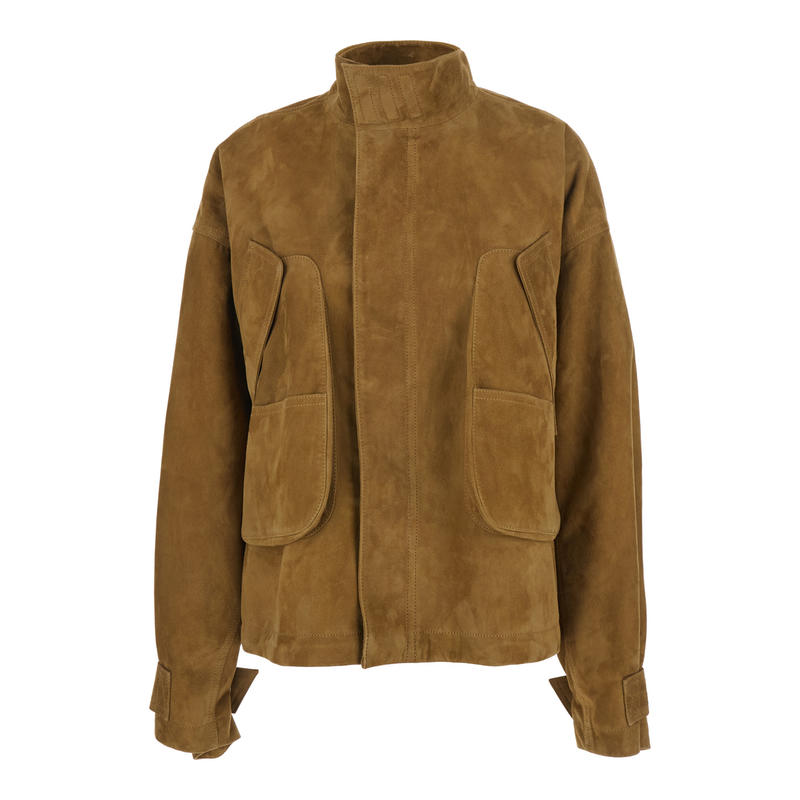 The Attico 女士 SS26 夹克 浅褐色高领徽标拼缀后绒面革女士夹克