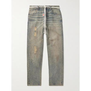RRR123 男士 牛仔长裤 Fathers Way 修身直筒束带磨破印花牛仔裤