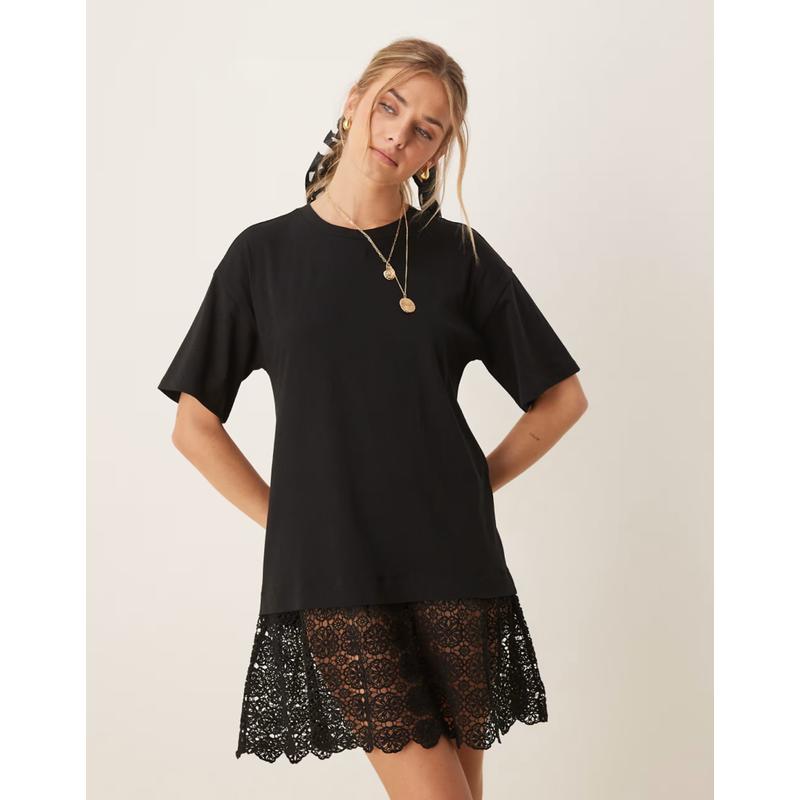 ASOS DESIGN 女士 短款连衣裙 t 设计圆领衬衫式迷你蕾丝边连衣裙