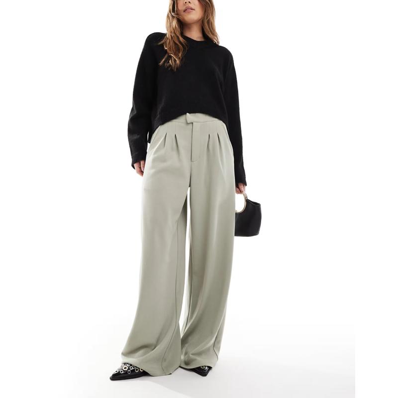 ASOS DESIGN 女士 长裤 设计针织斜纹布阔腿裤子(sage)