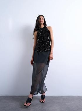 Topshop 女士 超长裙 co-ord 透视欧根纱长款半身裙(黑色)