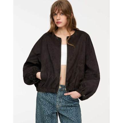 Pullbear 女士 夹克 仿绒面革无领棕色短夹克