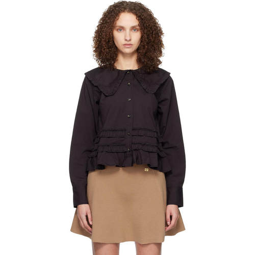Ganni 甘尼 女士 衬衫 黑色 Stretch Cotton Ruffle