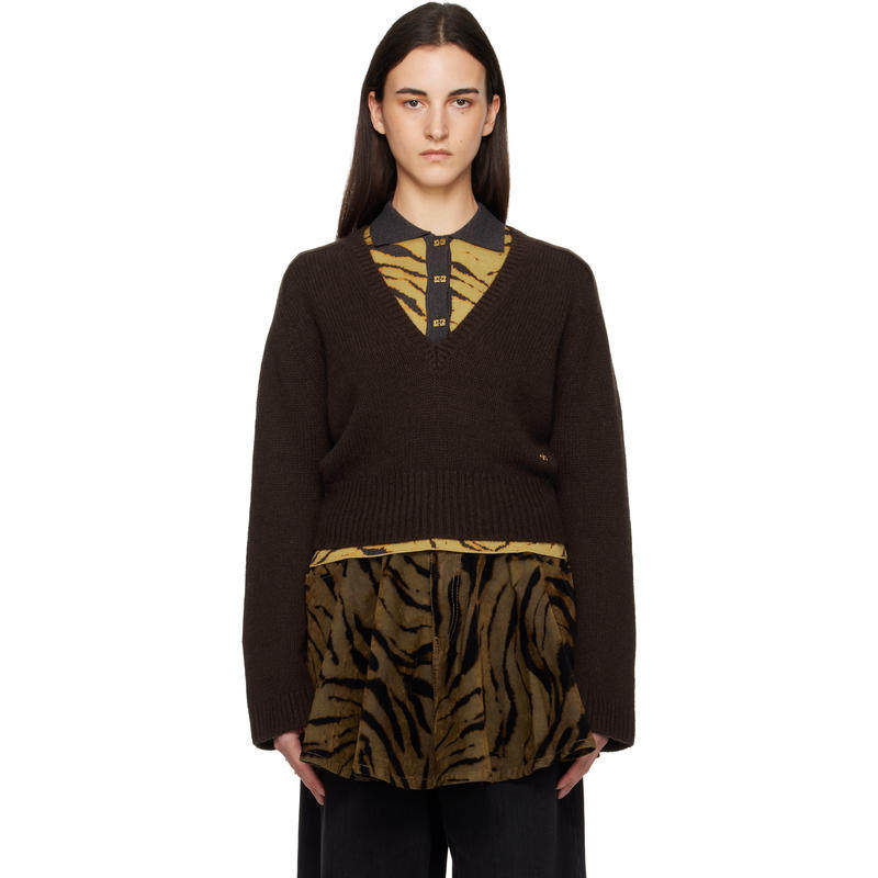 Ganni 女士 毛衣 棕色 V-Neck Jumper 毛衣