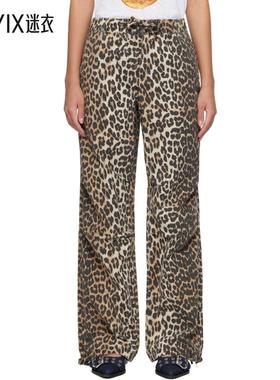 Ganni 女款棕色 Leopard Washed Cotton Canvas Drawstring 长裤