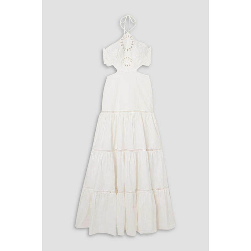 Patbo 女士 中长连衣裙 层叠马德拉刺绣棉混纺府绸挂脖长款连衣裙