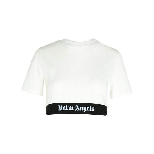 Palm Angels 棕榈天使 女士 T恤 灰白色 Logo Tape Cropped T 恤