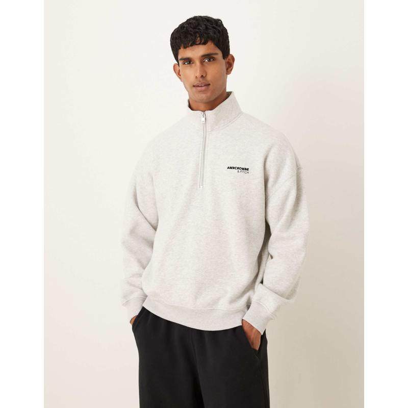 Abercrombie  Fitch 男士 卫衣 胸部徽标1/4拉链运动衫(灰色)