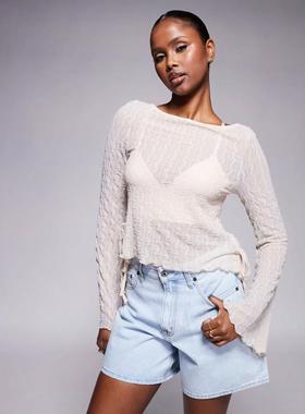 ASOS DESIGN 女士 上衣 设计透视打结边织纹蕾丝上衣米白色上衣