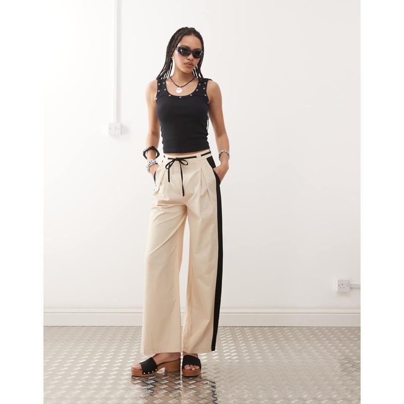 Reclaimed Vintage 女士 长裤 再生复古亚麻混纺侧边条纹裤子