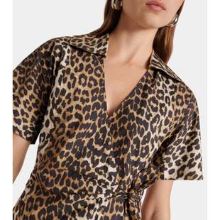 Ganni 甘尼 女士 短款连衣裙 豹纹棉质缠绕式连衣裙