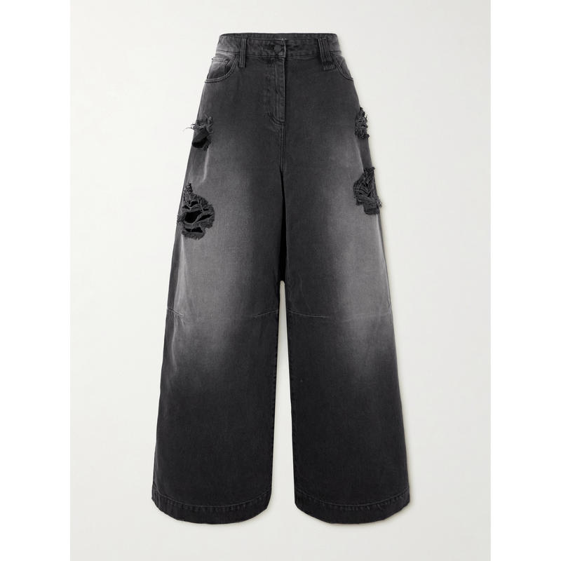 Simone Rocha 女士 秋冬新品 牛仔长裤 水晶装饰磨破阔腿牛仔裤