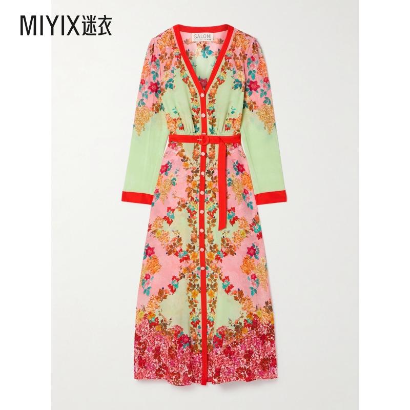 【春夏新品】Saloni女款 Lea 配腰带印花真丝双绉超长连衣裙 迷衣