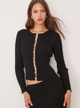 SNDYS 女士 上衣 co-ord 罗纹针织珍珠色开襟长袖上衣(黑色)
