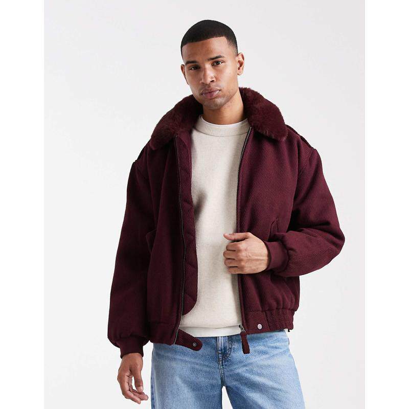 ASOS DESIGN 男士 夹克 look 设计羊毛人造毛领酒红色短
