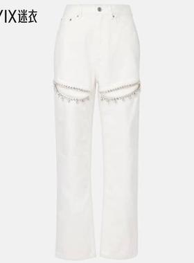 AREA 女款水晶装饰剪口直筒牛仔裤 迷衣时尚