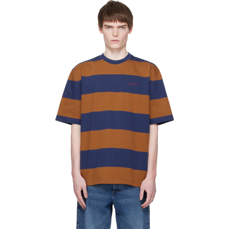 Marni 玛尼 男士 SS26 T恤 海军蓝  黄褐色 Maxi-Stripe Cotton图片