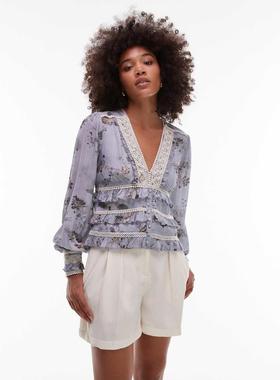 AllSaints 女士 上衣 Zora 蕾丝边粉蜡笔花朵上衣