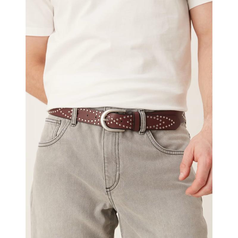 ASOS DESIGN 男士 腰带 设计铆钉磨光酒红色皮带